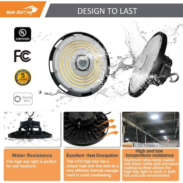 RUN BISON 10.24 in. Integrated UFO LED High Bay Light Fixture LED Commercial Lighting, Up to 22500 Lumens w/Motion Sensor (4-Pack)