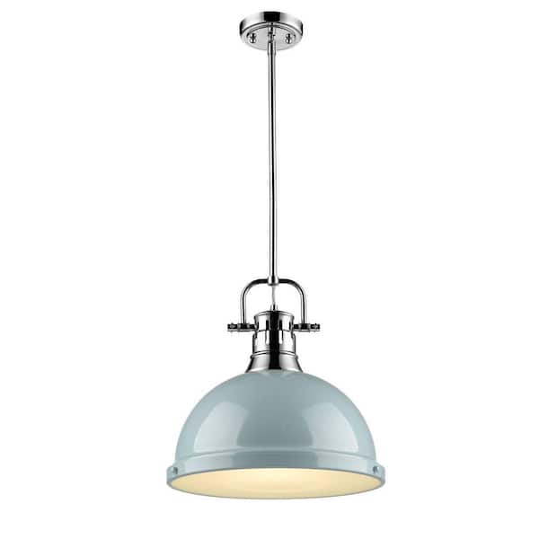 Golden Lighting Duncan 1-Light Chrome Pendant with Rod with Seafoam Shade