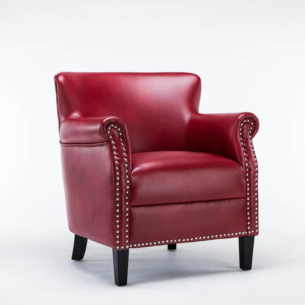 Traditional Red Leather Accent Chair with Wood Frame and Nailhead Trim