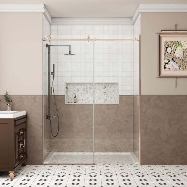 Elegance Series 56-60 in. W x 75 in. H Sliding Brushed Bronze Shower Door with Soft-Close and Explosion-Proof Glass