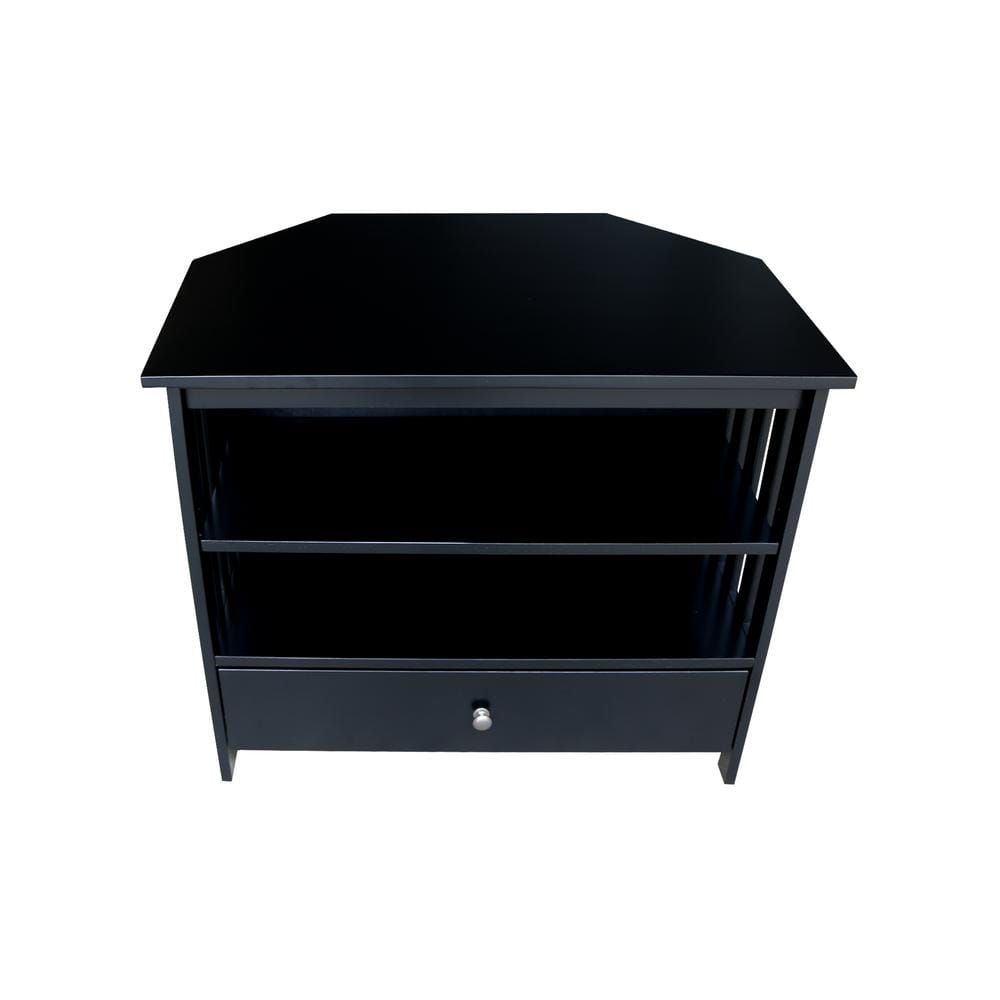 Black Solid Wood Corner TV Stand with Drawer and Shelves