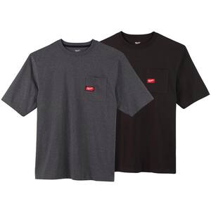 Men's Medium Black and Gray Heavy-Duty Cotton/Polyester Short-Sleeve Pocket T-Shirt (2-Pack)