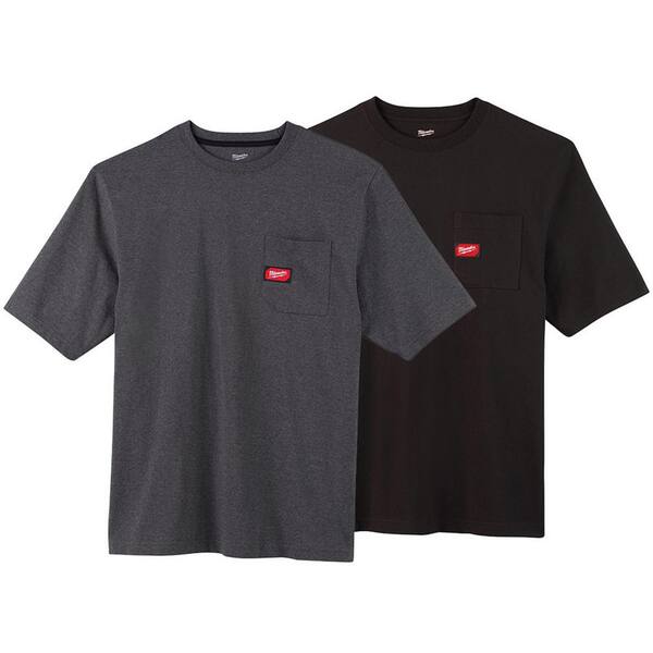 Milwaukee Men's Medium Black and Gray Heavy-Duty Cotton/Polyester Short-Sleeve Pocket T-Shirt (2-Pack)