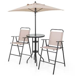 4-Piece Metal Outdoor Bistro Set Folding Counter Height Chairs Round Bar Table and Umbrella