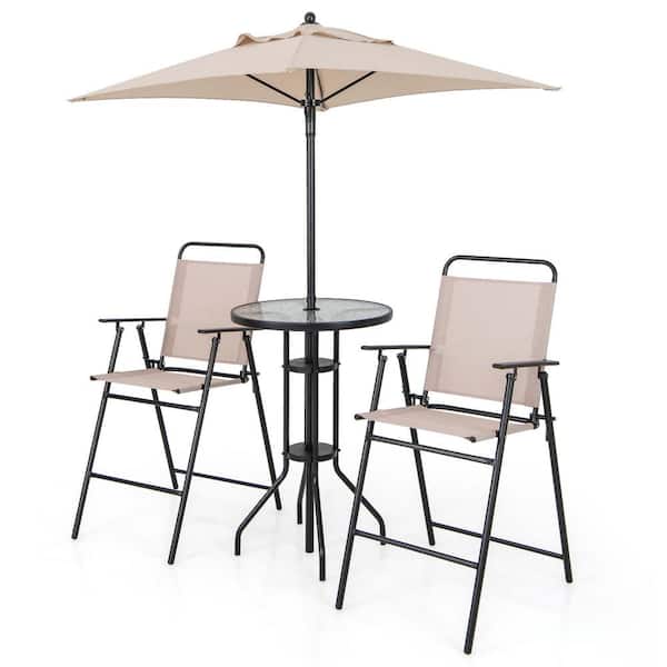 Costway 4-Piece Metal Outdoor Bistro Set Folding Counter Height Chairs Round Bar Table and Umbrella