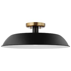 Colony 19.875 in. 1-Light Matte Black/Burnished Brass MCM Semi-Flush Mount with Black Metal Shade, No Bulbs Included