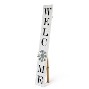 59 in. H Antique White Wood Welcome Porch Sign with LED Light
