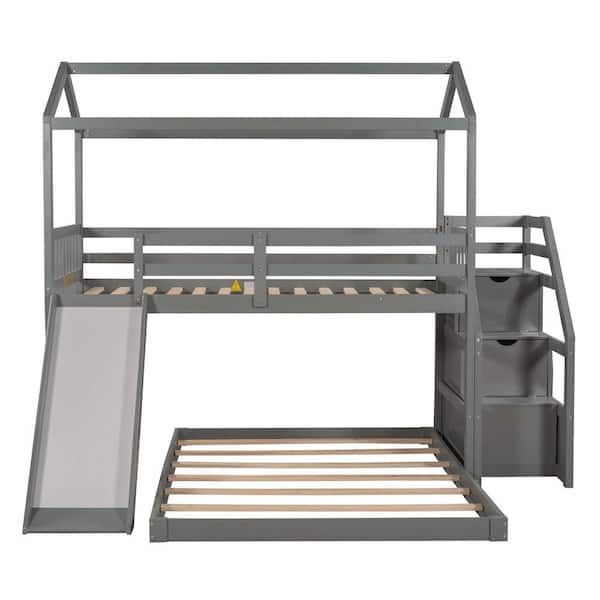 Utopia 4niture Amiara Gray Twin Over Full Bunk Bed with Slide and Storage Staircase, House Shaped