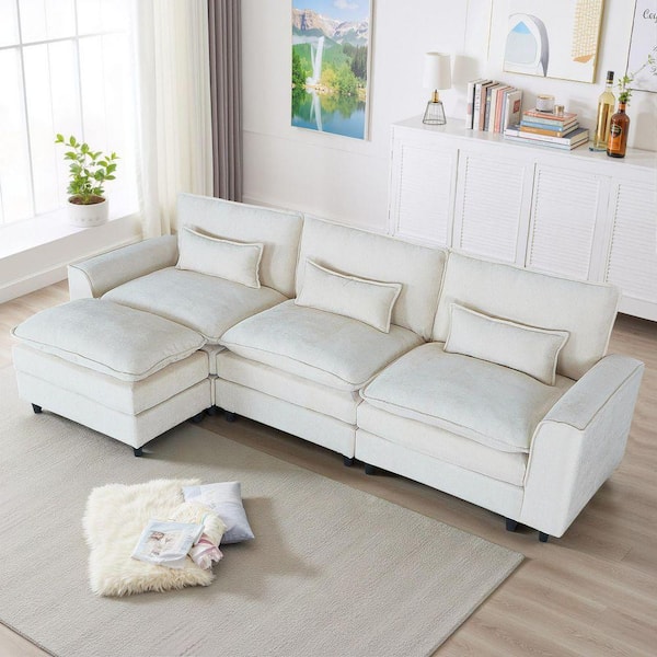 Luxury 121 in. Square Arm Chenille L-Shaped 3-Seat Sectional Sofa with Flexible Combination Ottoman and Pillow in Beige