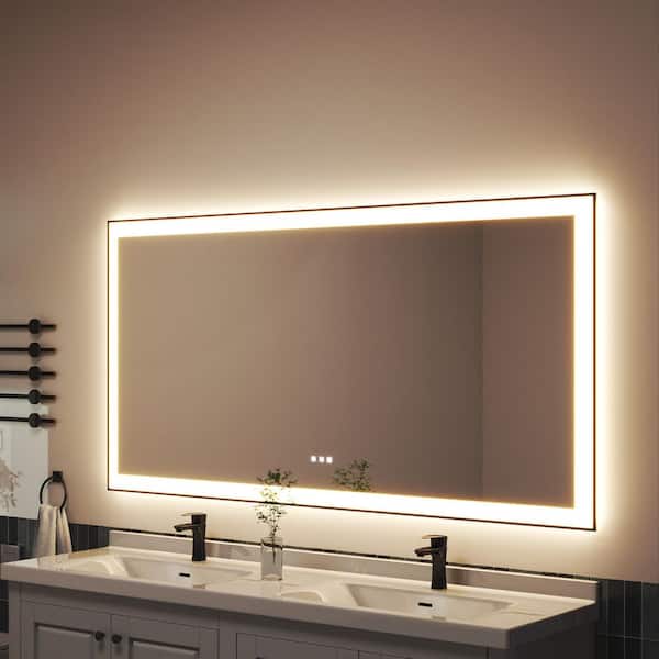 72in. W x 36 in. H Black Rectangular Framed LED Anti-Fog Wall Bathroom Vanity Mirror with Backlit and Front Light