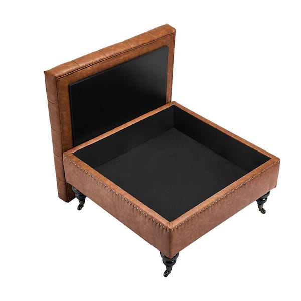 31 in. Square Leather Ottoman with Storage, Upholstered Tufted Button Coffee Table Ottoman, PU Leather, Brown