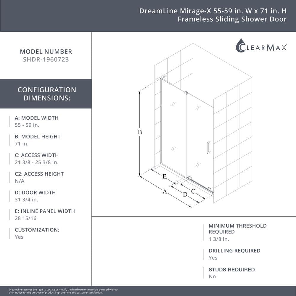 Mirage-X 60" Frameless Clear Glass Sliding Shower Door with Brushed Nickel Hardware