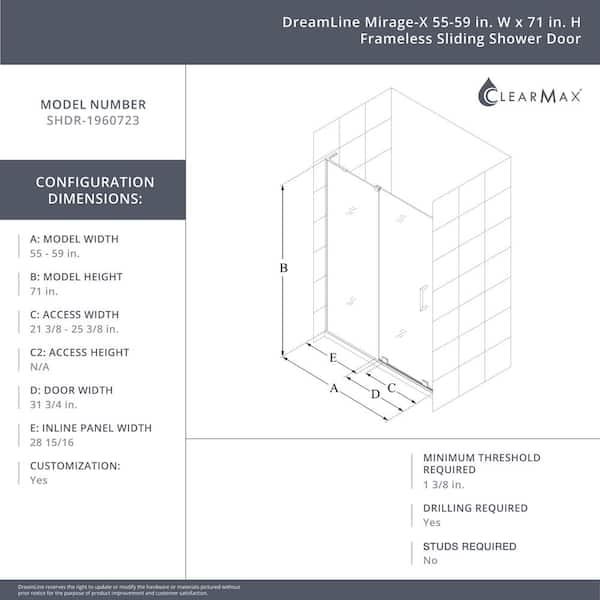 Mirage-X 56 in. to 60 in. x 72 in. Semi-Frameless Sliding Shower Door in Brushed Nickel