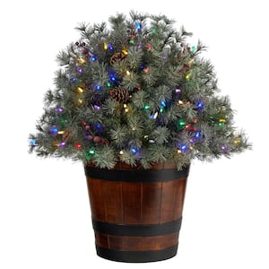 26 in. Flocked Faux Christmas Shrub w/Pinecones, 150 Multicolored LED Lights and Bendable Branches in Decorative Planter