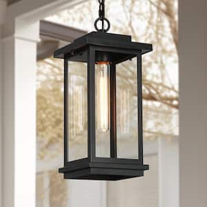Modern 15.4 in. 1-Light Matte Black Dimmable Outdoor Pendant Light with Clear Glass Shade and No Bulbs Included