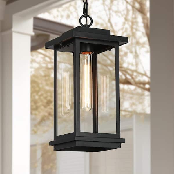 LNC Modern 15 in. 1-Light Black Dimmable Outdoor Pendant Light with Clear Glass Shade, Porch Hanging Lantern, LED Compatible