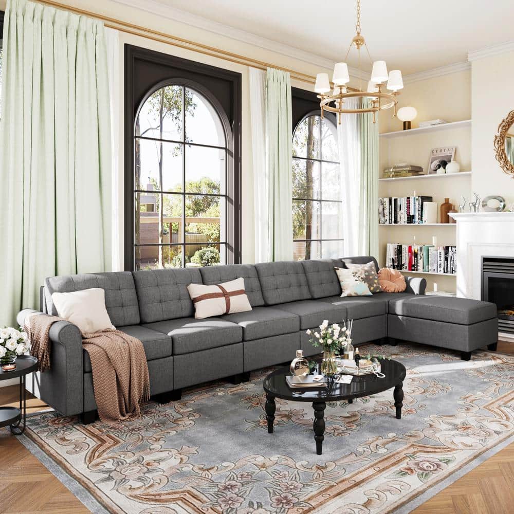 Modern 7-Piece Linen Modular Sectional Sofa in Gray with 1 Ottoman