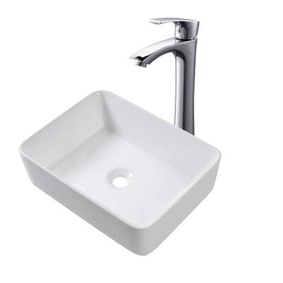 19 in. x 15 in. Ceramic Bathroom Vessel Sink in White with Faucet Rectangle Modern Porcelain Vanity