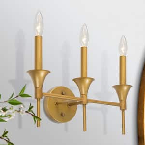 Antique Gold Linear Metal Candle Holder Wall Sconce Modern Vintage 15.5 in. 3-Light Mid-Century Brass Bath Vanity Light
