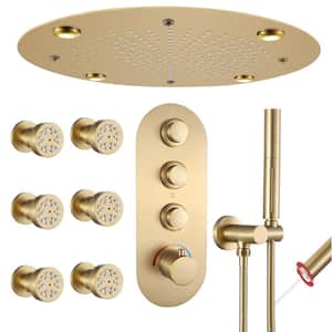 Luxury 5-Spray Thermostatic Shower Head 16 in. Round Ceiling Fixed and Handheld Shower Head and 6-Jet in Brushed Gold