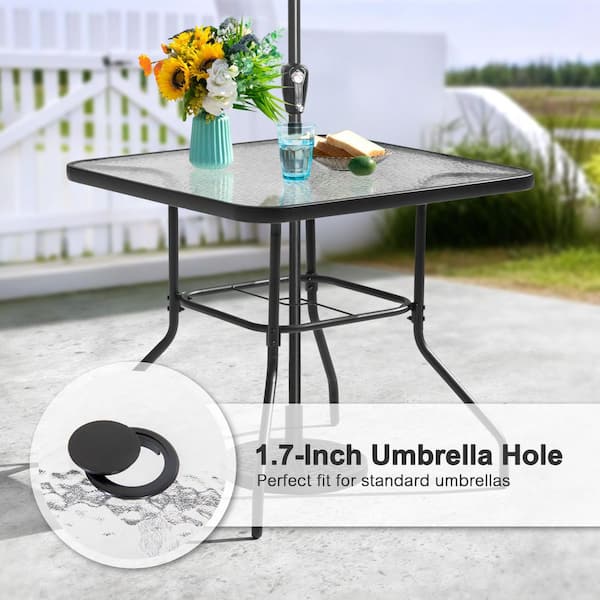 Nuu Garden Black Square Metal Outdoor Dining Table with Umbrella