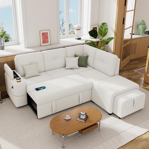 Harper & Bright Designs 93.9 in. Corduroy L-shaped Sectional Sofa in Creamy White with Pull-out Sofa Bed, Movable Ottoman and Stool, 2 USB Ports
