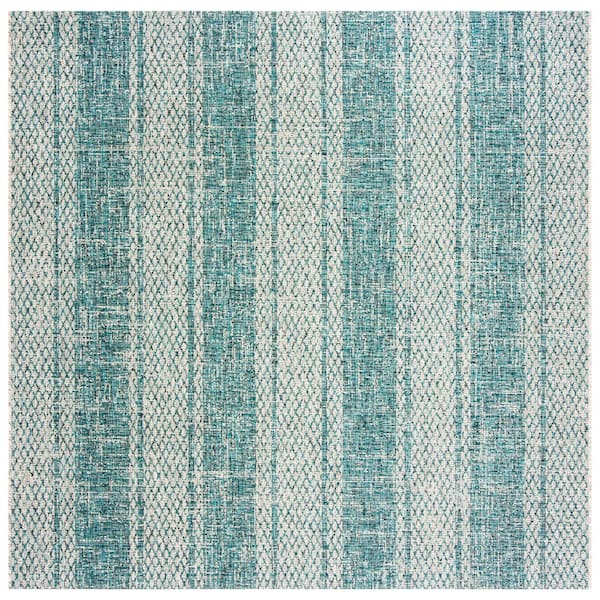 Courtyard Light Gray/Teal 4 ft. x 4 ft. Distressed Striped Diamond Indoor/Outdoor Square Area Rug