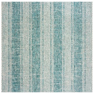 Courtyard Light Gray/Teal 7 ft. x 7 ft. Square Geometric Indoor/Outdoor Patio  Area Rug