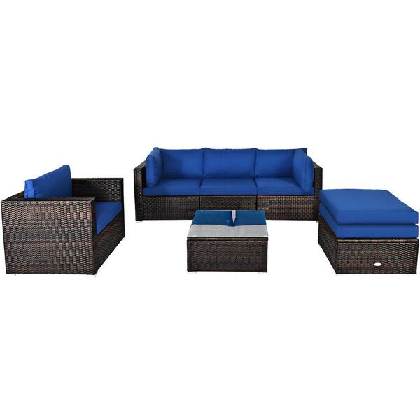 Costway Island 6-Piece Wicker Patio Conversation Set with Navy Cushions ...