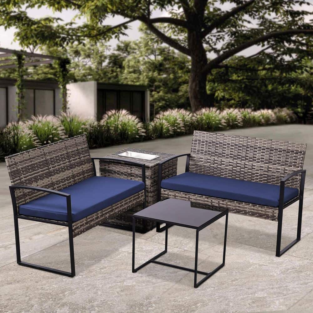 Gray 4-Piece Wicker Patio Conversation Set Outdoor Sofa Sectional Set with Blue Cushions and Ice Bucket Storage Table price history on PriceWatchPro