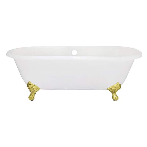 Aqua Eden 66 in. x 30.1 in. Cast Iron Oval Clawfoot Soaking Bathtub in White/Polished Brass