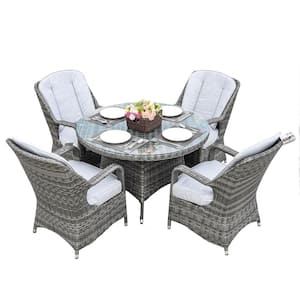 Alisa Grey 5-Piece Aluminum Wicker Round Outdoor Dining Set with Grey Cushions