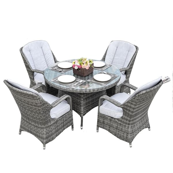 DIRECT WICKER Alisa Grey 5-Piece Aluminum Wicker Round Outdoor Dining Set with Grey Cushions