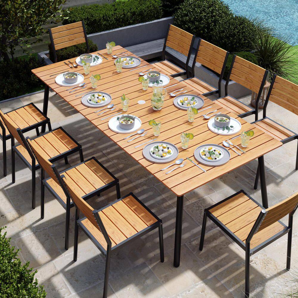 11-Piece 94.5 in. Rust-free Aluminum Wood-Like Patio Outdoor Dining Set with Umbrella Hole and Stackable Armless Chair
