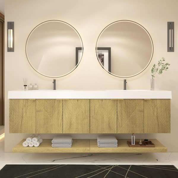 Stella 84 in. W x 20 in. D x 22 in. H Double Sink Teak Oak Bath Vanity with White Acrylic Top Floating Lower Shelf