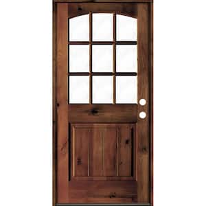 32 in. x 80 in. Knotty Alder Left-Hand/Inswing 9-Lite Arch Top Clear Glass Red Mahogany Stain Wood Prehung Front Door
