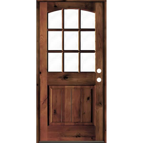 Krosswood Doors 32 in. x 80 in. Knotty Alder Left-Hand/Inswing 9-Lite Arch Top Clear Glass Red Mahogany Stain Wood Prehung Front Door