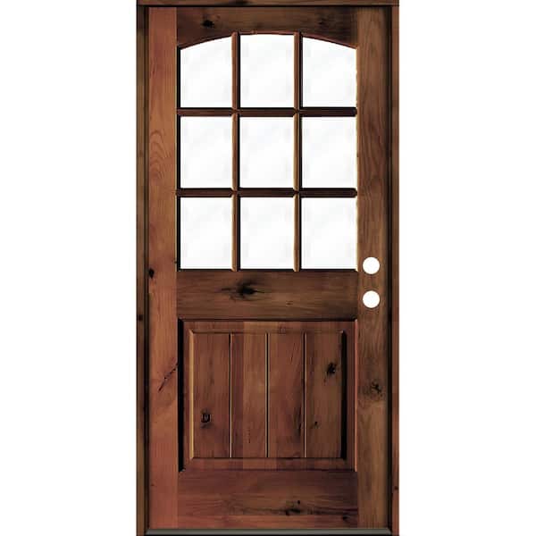 Krosswood Doors 36 in. x 80 in. Knotty Alder Left-Hand/Inswing 9-Lite Arch Top Clear Glass Red Mahogany Stain Wood Prehung Front Door