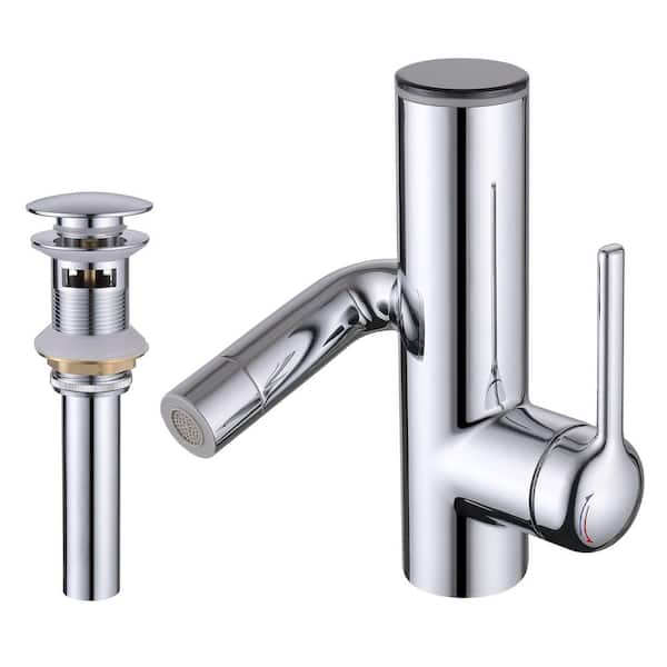 LED Temperature Display Single Handle Single Hole Bathroom Faucet with Pop-Up Drain and Swivel Spout in Polished Chrome