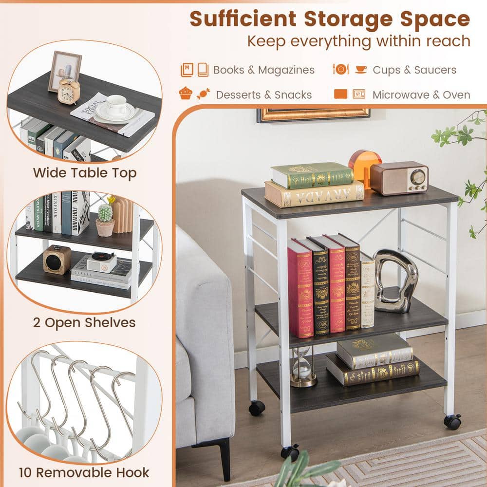 Brown 3-Tier Kitchen Cart with Storage and Hooks