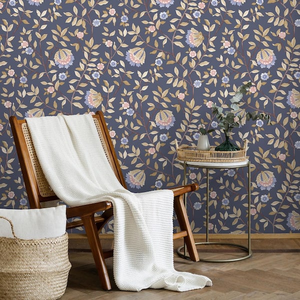 Vintage Botanical Blooms Navy Wallpaper Sample