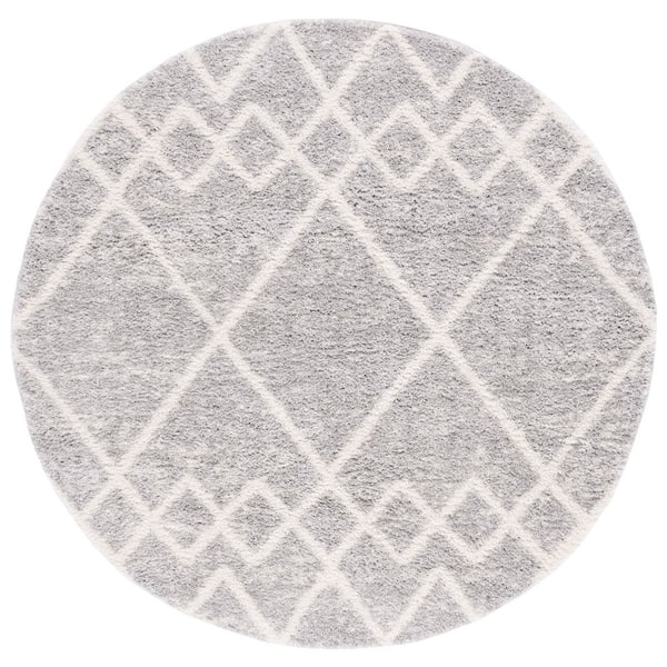 SAFAVIEH Berber Shag 5 ft. x 5 ft. Ivory/Gray Border Chevron Round Area Rug
