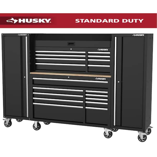 Husky - Modular Tool Storage 92 in. W Standard Duty Black Mobile Workbench with 52 in. Top Tool Chest and (2) 20 in Side Lockers
