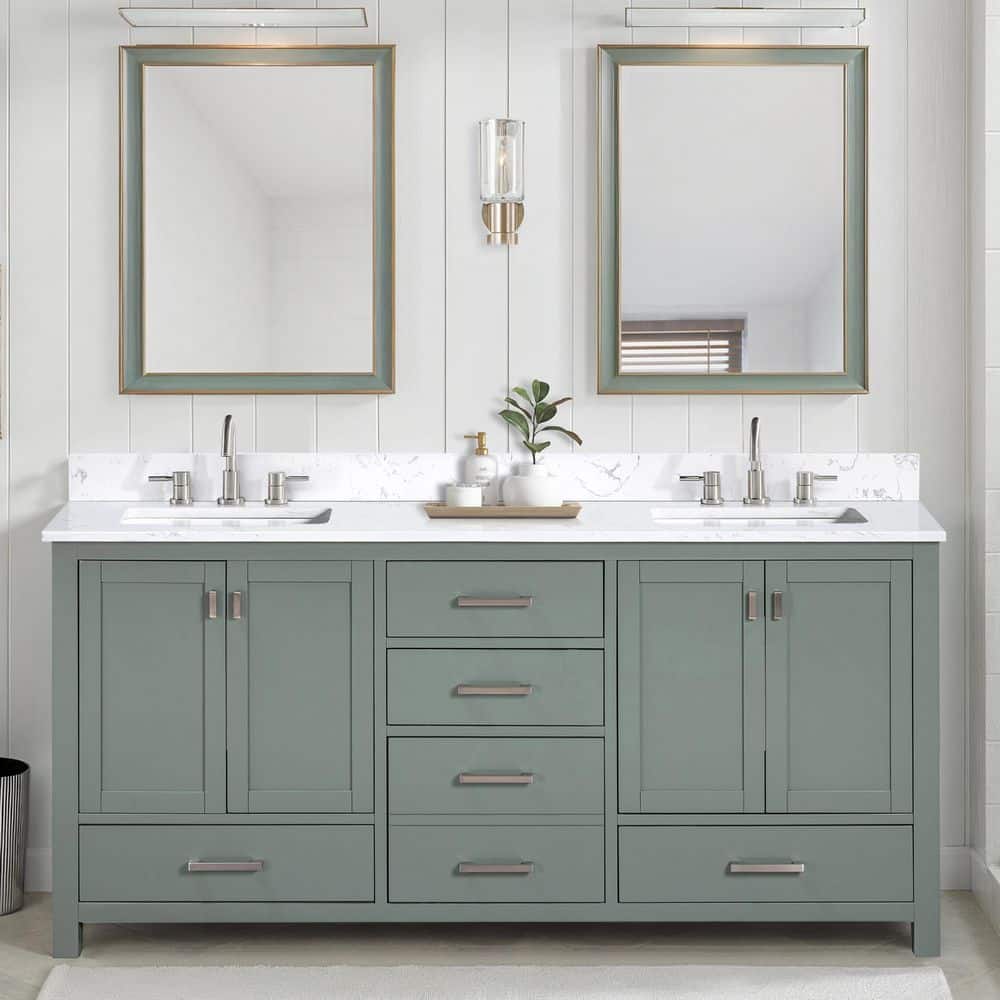 Modero 73 in. Double Sink Smoke Green Bath Vanity with Cala White Engineered Stone Top price history on PriceWatchPro