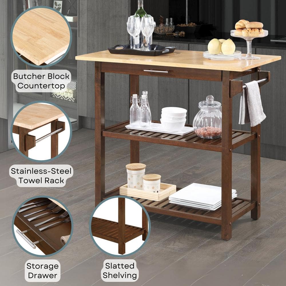 Espresso Solid Wood 3-Tier Butcher Block Kitchen Island with Storage