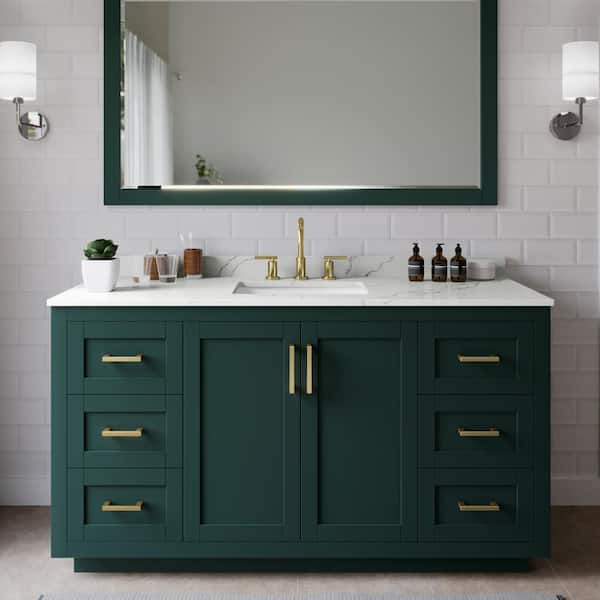 Wyndham Collection Miranda 60 in. W x 22 in. D x 33.75 in. H Single Bath Vanity in Green with Giotto Quartz Top and 58 in. Mirror