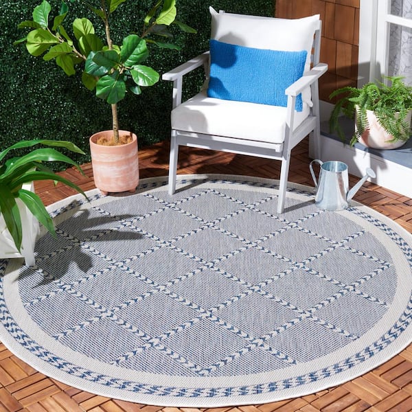 Courtyard Navy/Ivory 7 ft. Round Border Diamond Indoor/Outdoor Area Rug