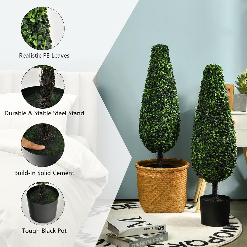 Lush Boxwood Tower Topiary in Black Plastic Pot, UV Resistant