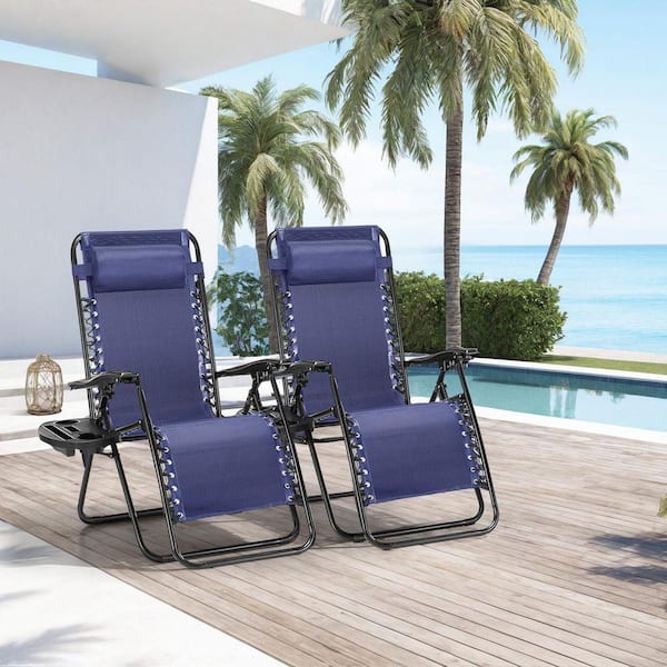 Outdoor Lounge Chair in Blue Set of 2, Zero Cravity Folding Mesh Recliners with Pillow and Cup Holder for Pool Beach