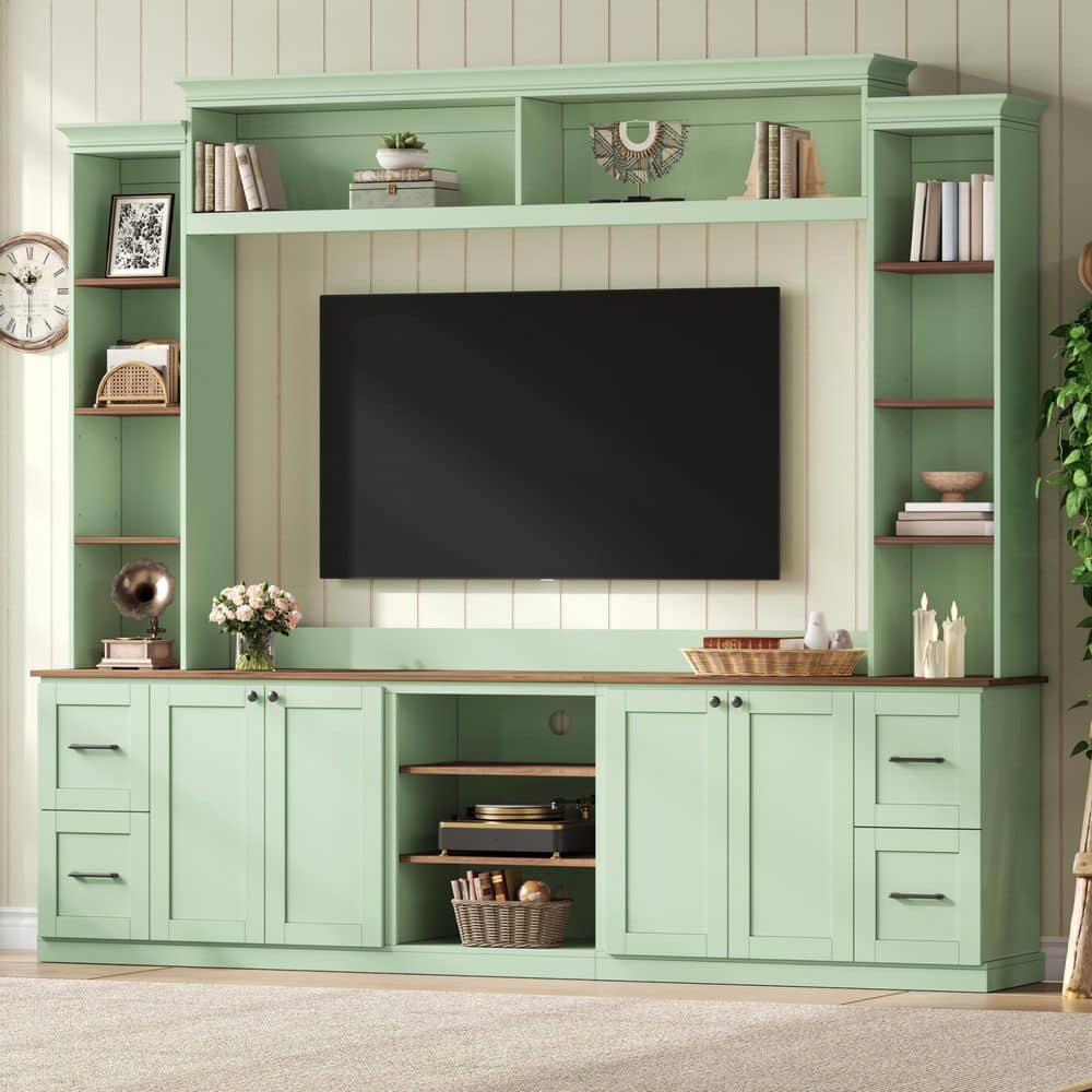 Farmhouse Large Wall Unit Entertainment Center Mint Green TV Stand Fits TV's up to 70 in. w/ Shelves, Drawers, Cabinets